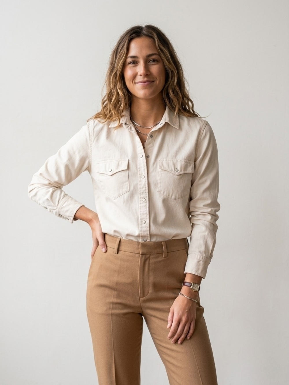 Aerie Cream Denim Western Snap Button Down Shirt Large Coastal Cowgirl Boho Chic